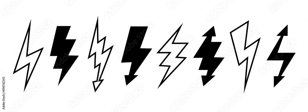 Lightning bolt set. Black and outline thunder bolt symbol collection. Flash thunderbolt element pack for poster, banner, graphic design, card. Strike arrow signs bundle. Vector Lightning bolt set. Black and outline thunder bolt symbol collection. Flash thunderbolt element pack for poster, banner, graphic design, card. Strike arrow signs bundle. Vector