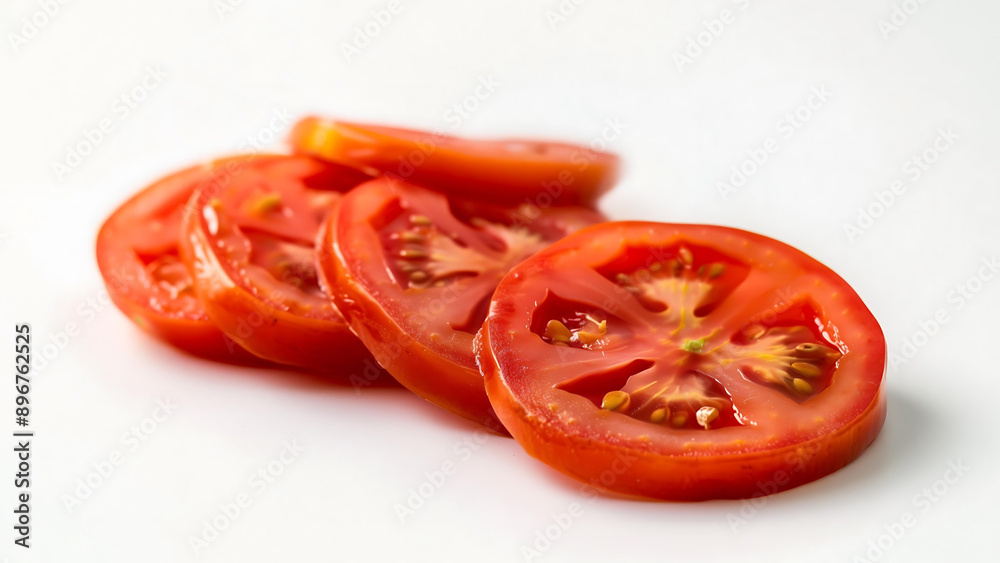 Sliced tomatoes arranged in a row on a white background Sliced tomatoes arranged in a row on a white background