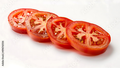 Sliced tomatoes arranged in a row on a white background