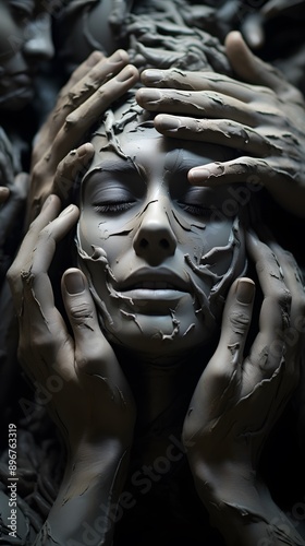 many hands deforming a clay face