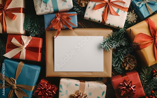 Festive Christmas gifts with blank card for holiday greeting. Colorful presents wrapped in paper, adorned with ribbons and pine branches.