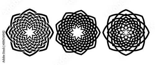 Retro knot circle frame set. Black celtic round border collection. Braid rope ornament motif pattern for banner, poster, frame. Circular radial weaved flower design elements bundle. Vector pack