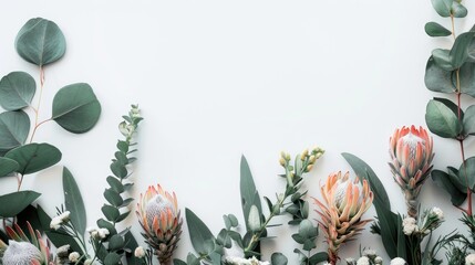 Artistic arrangement of Banksias and Eucalyptus on white backdrop with space for text
