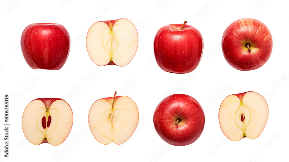 set of red apples isolated on transparent white background, clipping path set of red apples isolated on transparent white background, clipping path