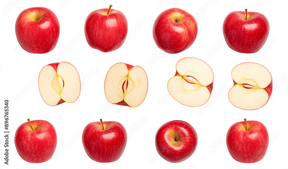set of red apples isolated on transparent white background, clipping path set of red apples isolated on transparent white background, clipping path