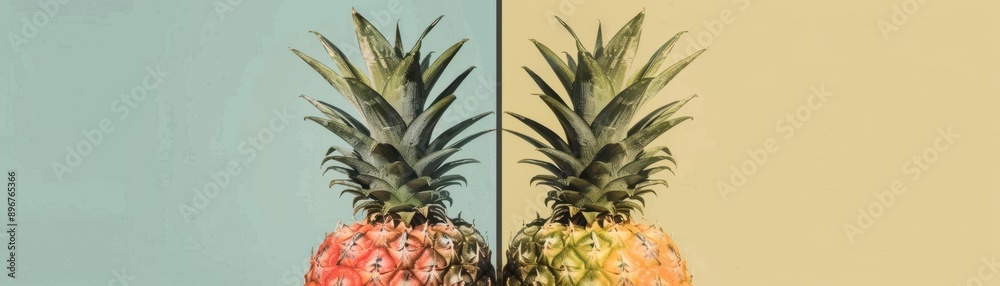 Obraz premium Vibrant pineapples against pastel backgrounds. Ideal for summer themes, tropical concepts, and fresh fruit imagery in bright, colorful tones.