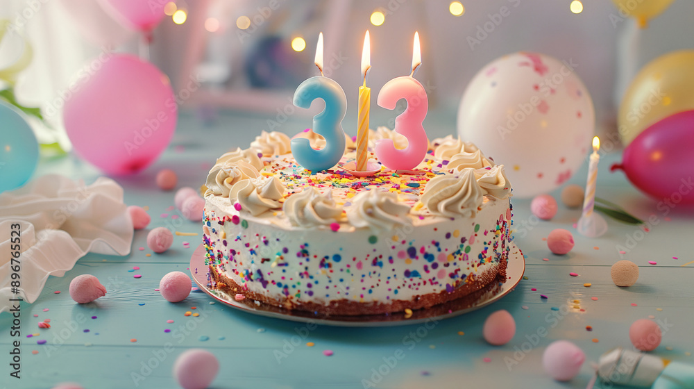 Birthday cake with big fancy burning lit candle number 33. Background for a party or an anniversary celebration with decorations and copy space for text. Pastel white and pink color tone. Birthday cake with big fancy burning lit candle number 33. Background for a party or an anniversary celebration with decorations and copy space for text. Pastel white and pink color tone.