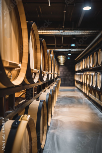 A contemporary wine cellar interior displaying multiple wooden barrels set within an industrial winery environment, illuminated by modern lighting fixtures. photo