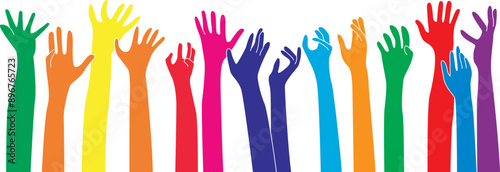 Raised up icon for Multiethnic Diverse Hands , colorful..