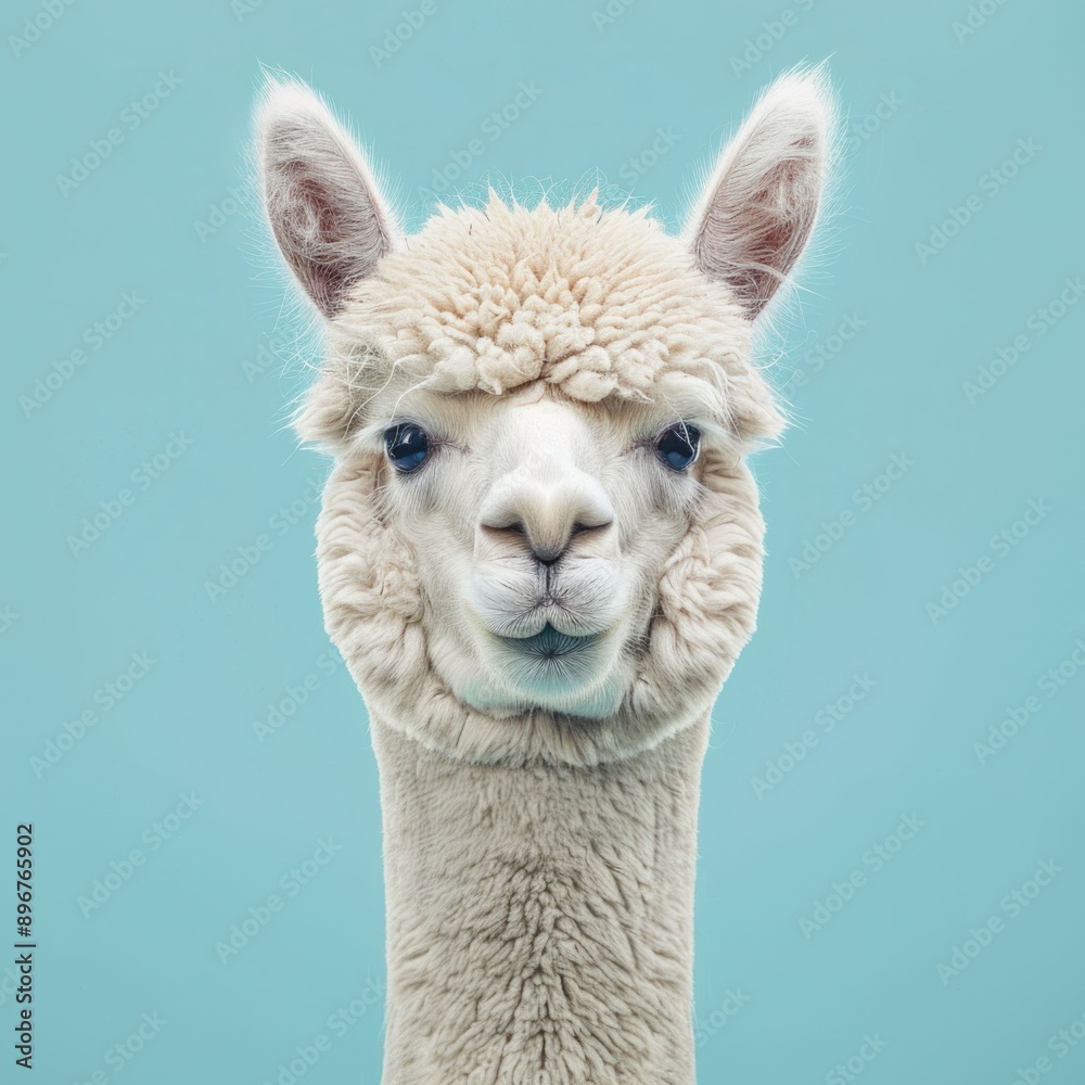 Obraz premium Alpaca portrait in light blue background for travel and nature concept with animal beauty