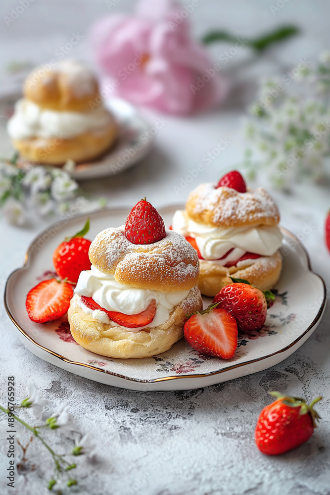 white plate with cream puffs, strawberry jam and ice-cream on top, strawberries around, pink tablecloth, light background white plate with cream puffs, strawberry jam and ice-cream on top, strawberries around, pink tablecloth, light background