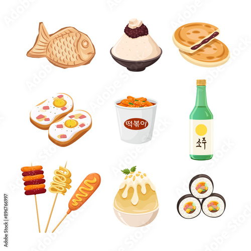 Korean food set. Bungeoppang, patbingsu, hotteok, gyeranppang, tteokbokki, soju, tteokkochi, eomuk, corn dog, and gimbap.