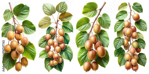 Actinidia branch, bursting with ripe fruits, set against a transparent background