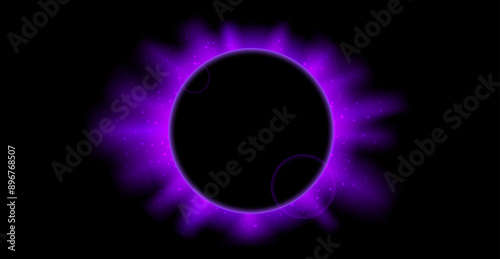 Purple planet eclipse concept. Solar light rays and glare effect. Glowing sun crown in dark space. Earth halo with blazing edge. Vector illustration design for poster, banner, cover, brochure, leaflet