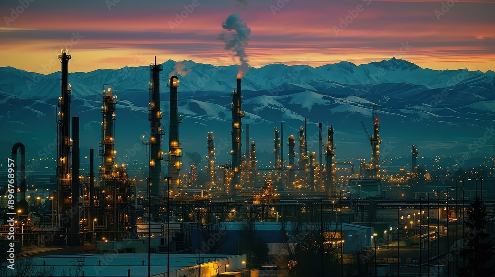 Fototapeta premium Industrial Refinery at Dawn with Mountain Background