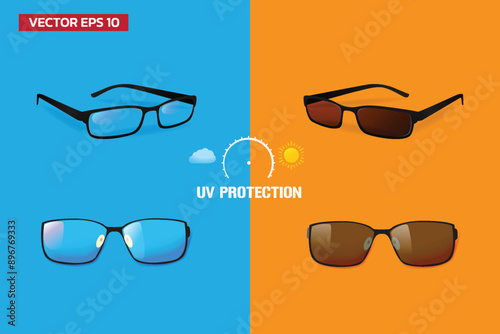 Glasses with photochromic lenses Photochromic Lens, UV polarized Sunglasses, Vector illustration.