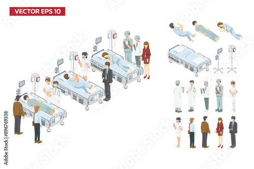 Set elements, Patient on the hospital bed with physicians and visitor graphic vector illustration on white background