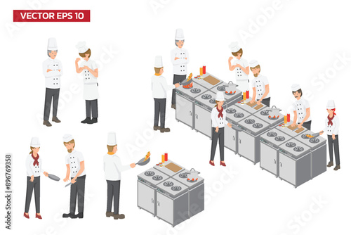 Set of activities in kitchen room and chef workers, graphic vector illustration on white background