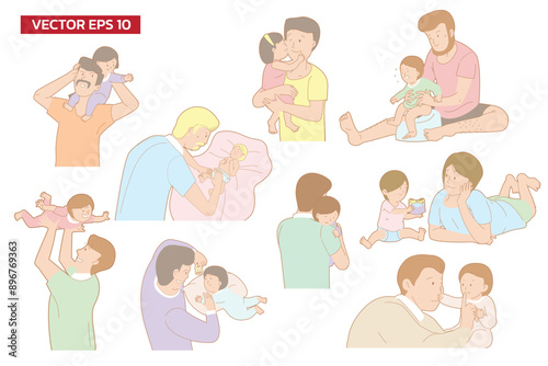 Set of father, daughter, son cartoon style ,sense of tenderness of children development, carrying of love, emotional activities flat vector illustration.