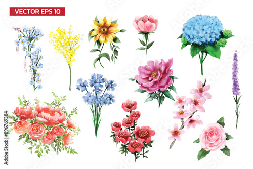 Set of wild flowers watercolor style isolated on white background