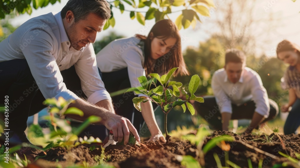 Fototapeta premium Businessmen and community together planting trees for sustainable development goals. company or businesses and corporations that care about the environment and ecosystem in greenery company. 
