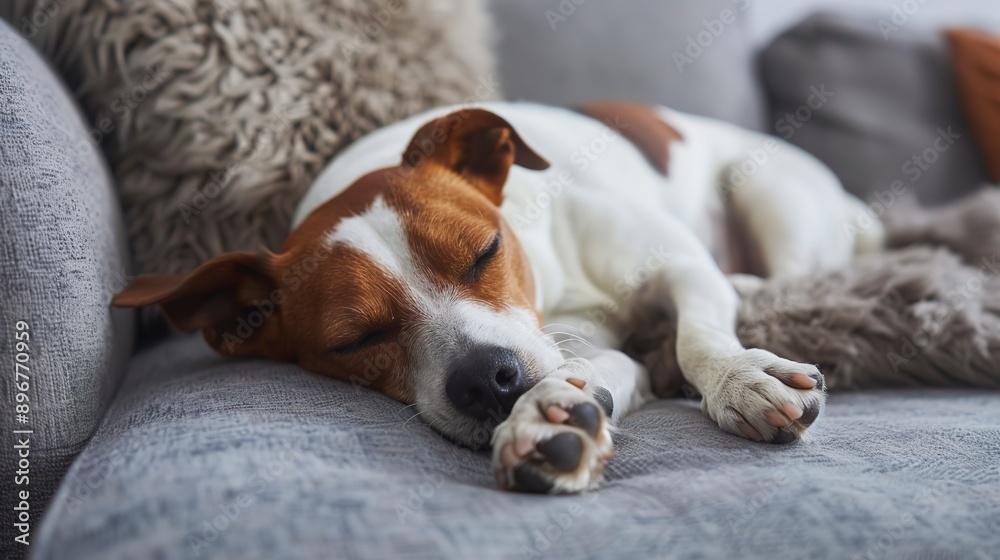 Obraz premium Cute dog sleeping comfortably on sofa with space for text on left top side of image