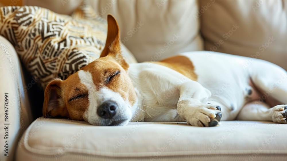 Obraz premium Cute dog sleeping comfortably on sofa with space for text on left top side of image. 