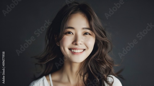 cheerful Korean woman with radiant complexion, bright eyes sparkling with joy, soft wavy hair framing her face, delicate features glowing in warm natural light.