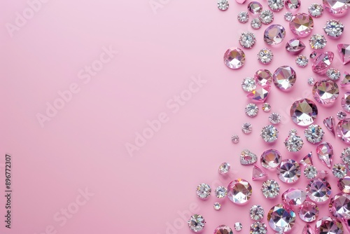 radiant luxury diamonds lie scattered elegantly, sparkling against the pastel pink backdrop, their intricate cuts casting delicate reflections, enhancing the opulent flat lay arrangement.