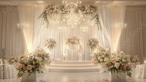 Elegant 3D podium adorned with lush floral arrangements and cascading white drapes, set against a backdrop of a luxurious wedding venue with crystal chandeliers
