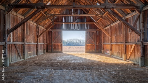 brown barn interior, sunlight filters through cracks, dusty hay-covered floor, wooden walls weathered by time, vintage farming tools, rustic charm fills the quiet space.