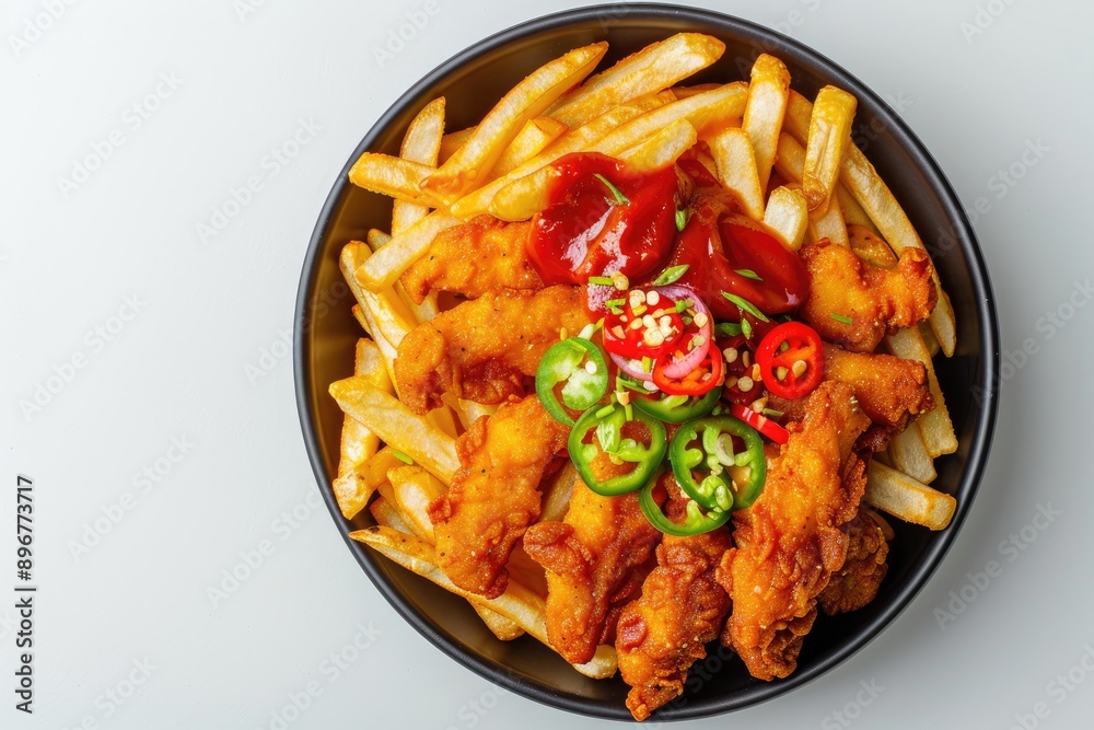Fried Chicken Tenders with French Fries, Ketchup, and Jalapeno Slices Fried Chicken Tenders with French Fries, Ketchup, and Jalapeno Slices