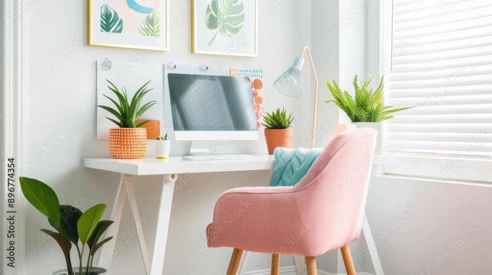 Bright and airy home office with colorful accents, home office decor, productivity Bright and airy home office with colorful accents, home office decor, productivity