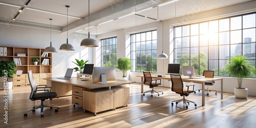 Modern office interior with minimalist furniture and bright, natural lighting, modern, office, interior