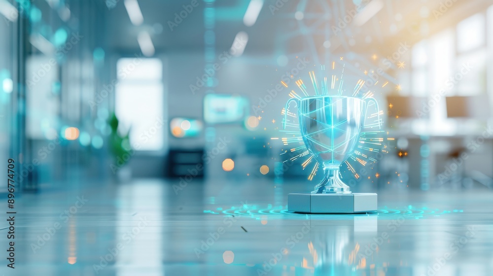 Fototapeta premium Corporate achievement represented by a floating, glowing trophy in a high-tech office. Futuristic, 3D Render, Blue and White, Detailed