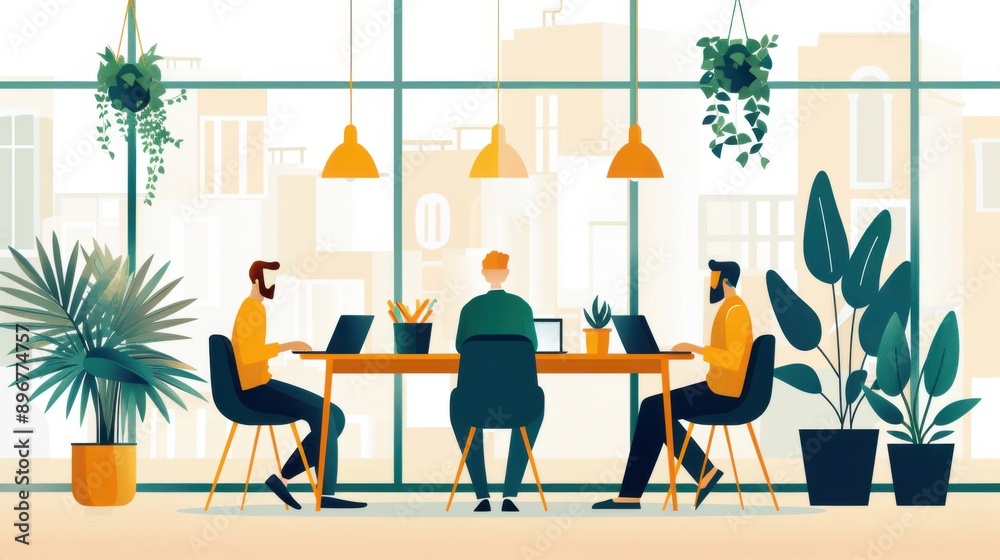 Fototapeta premium Coworking space, shared office with professionals, flat design illustration