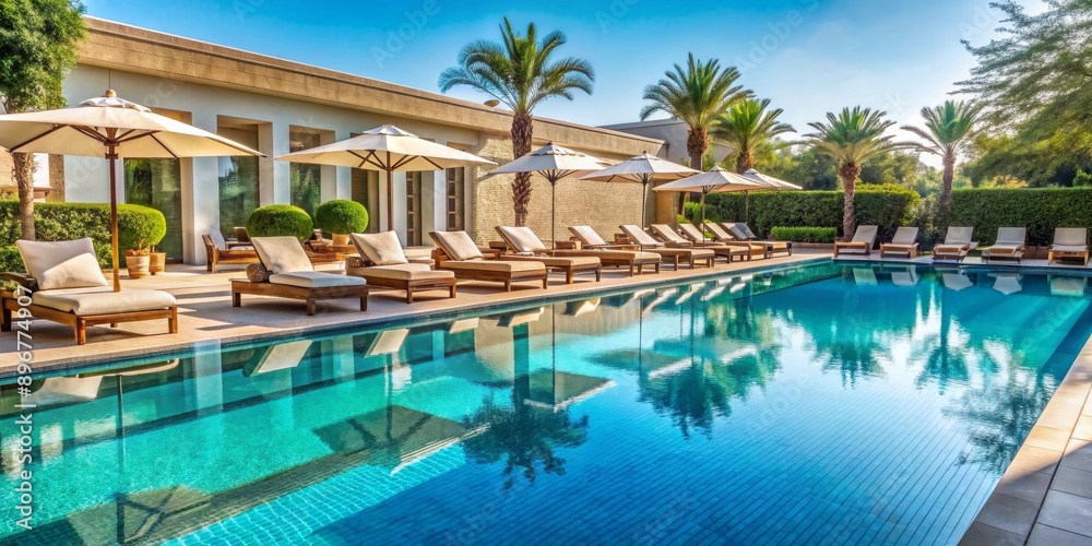 Luxurious hotel swimming pool with crystal clear water and lounge chairs, hotel, swimming pool, luxury, vacation Luxurious hotel swimming pool with crystal clear water and lounge chairs, hotel, swimming pool, luxury, vacation