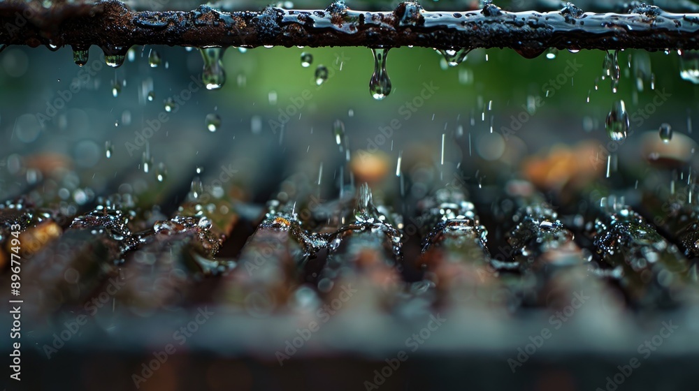 Fresh rain droplets dripping from a grill handle with space for text