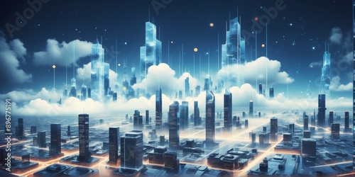 Cloud computing transfers futuristic cityscape multiple building