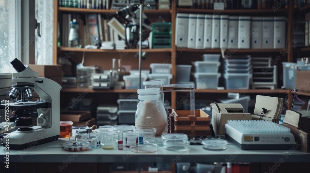 The biology lab has a microscope. Other equipment is placed on tables and equipment shelves. The biology lab has a microscope. Other equipment is placed on tables and equipment shelves.