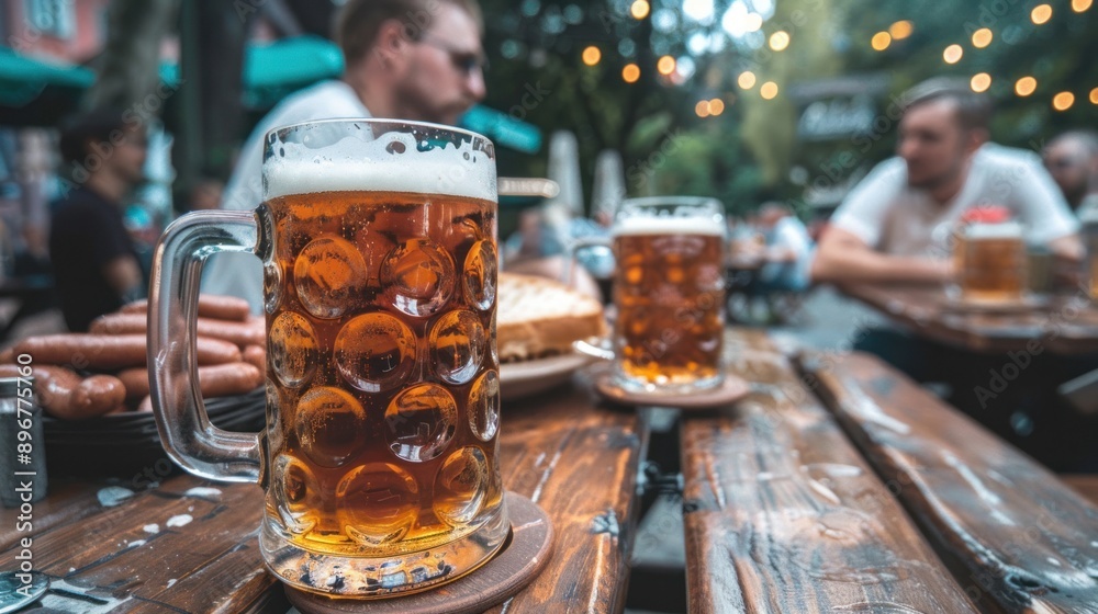 Oktoberfest beer and sausages are placed on a wooden table, behind a man and a woman in the distance, a blur Oktoberfest beer and sausages are placed on a wooden table, behind a man and a woman in the distance, a blur