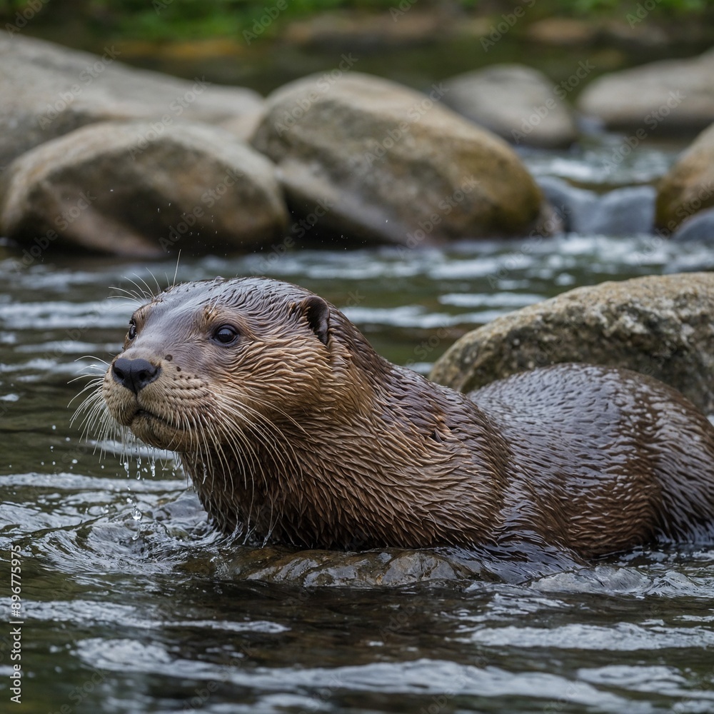 A playful river otter is sliding down a smooth rock.