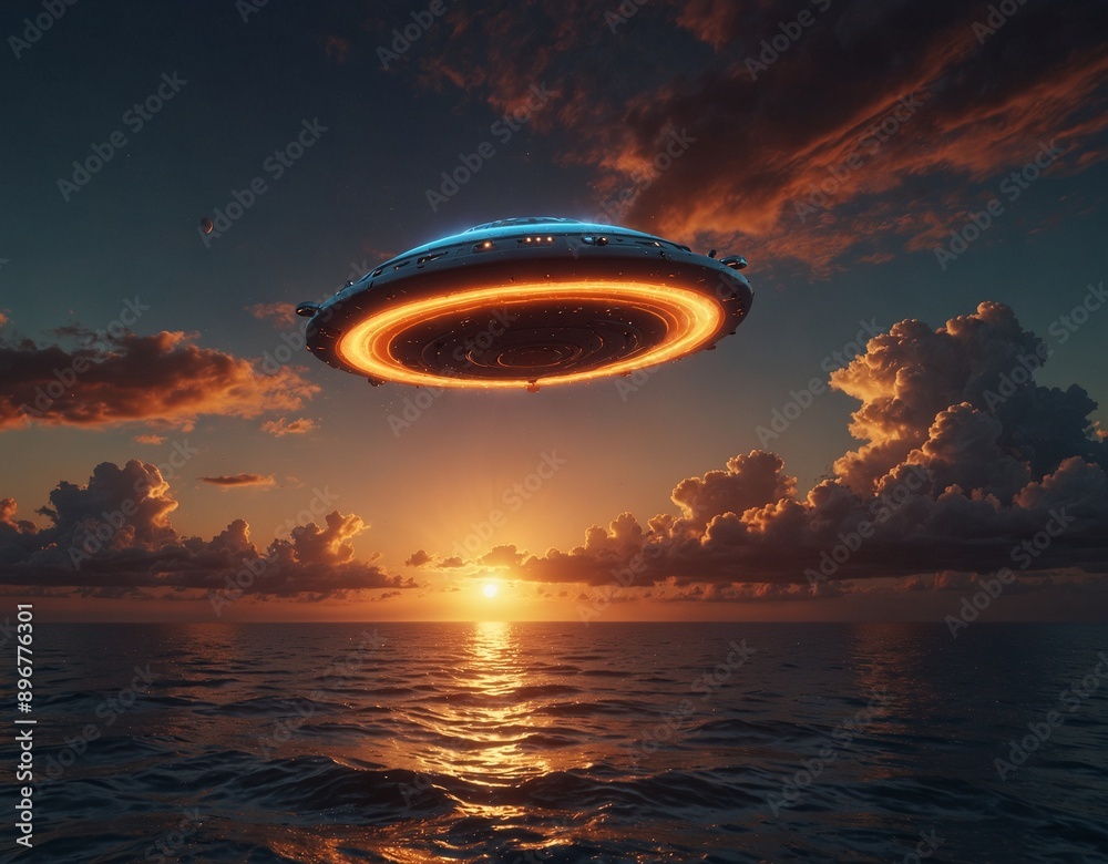 UFO over the sea against the backdrop of sunset UFO over the sea against the backdrop of sunset