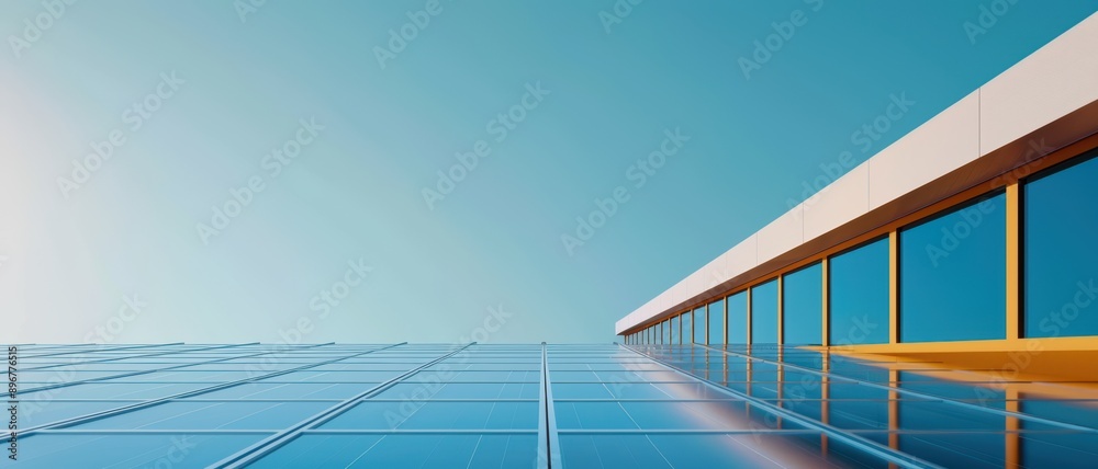 Fototapeta premium Modern Glass Office Building with Clear Blue Sky and Minimalist Architecture