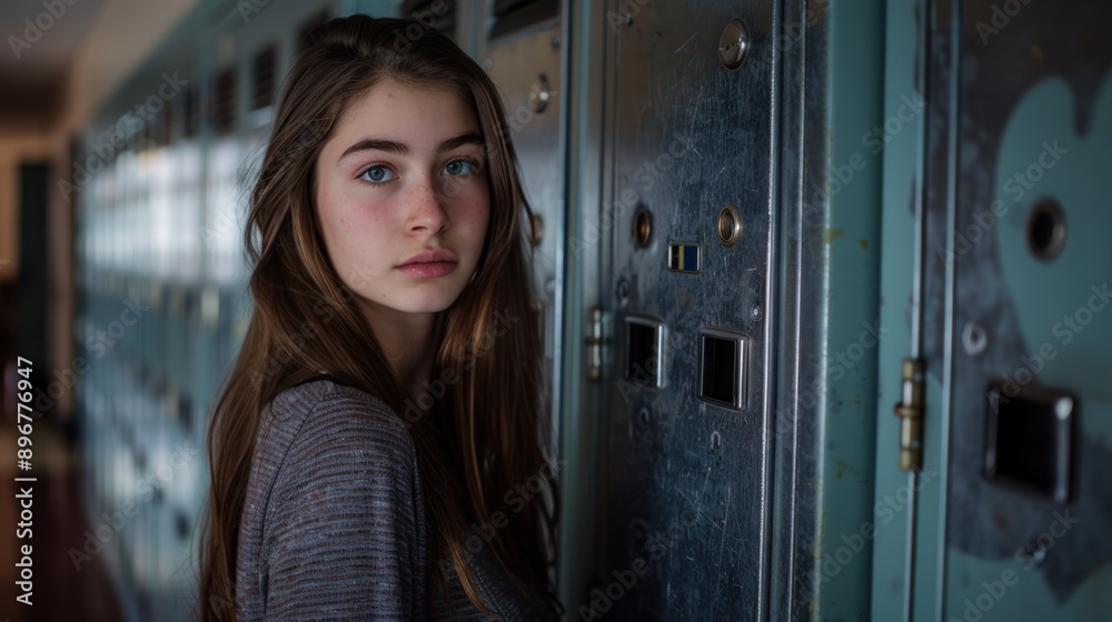 A teenage girl stands in the hallway between the lockers at her high school. A teenage girl stands in the hallway between the lockers at her high school.