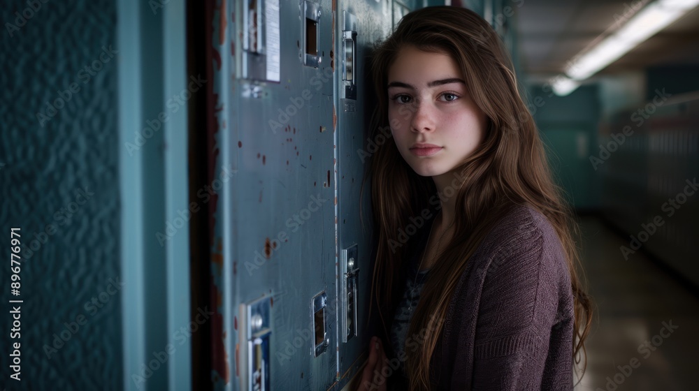 A teenage girl stands in the hallway between the lockers at her high school. A teenage girl stands in the hallway between the lockers at her high school.