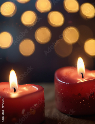 Heart-shaped candles on a blurred background with bokeh