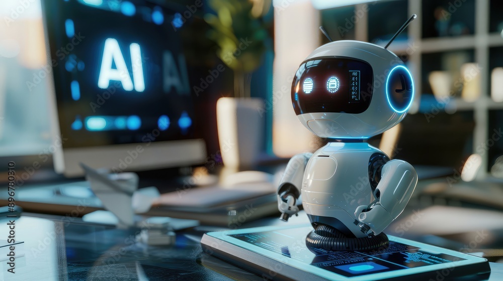 A small white robot with glowing blue details stands on a futuristic tablet with a screen displaying the word AI in the background A small white robot with glowing blue details stands on a futuristic tablet with a screen displaying the word AI in the background