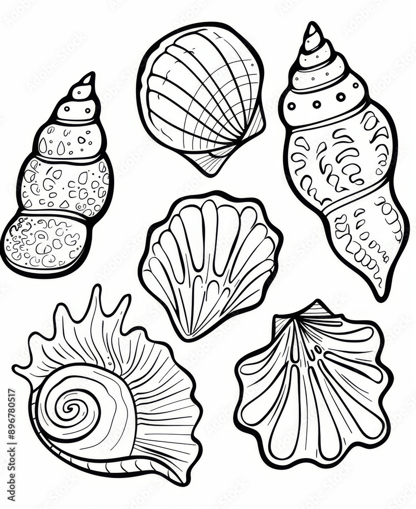 Simple coloring book cartoon style drawings of sea shells