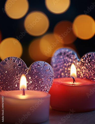 Heart-shaped candles on a blurred background with bokeh